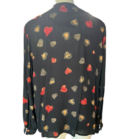 Carole Little Women's Size 14 Blouse Heart Pattern & Buttons Rayon VTG 1990s Blk - Picture 4 of 8